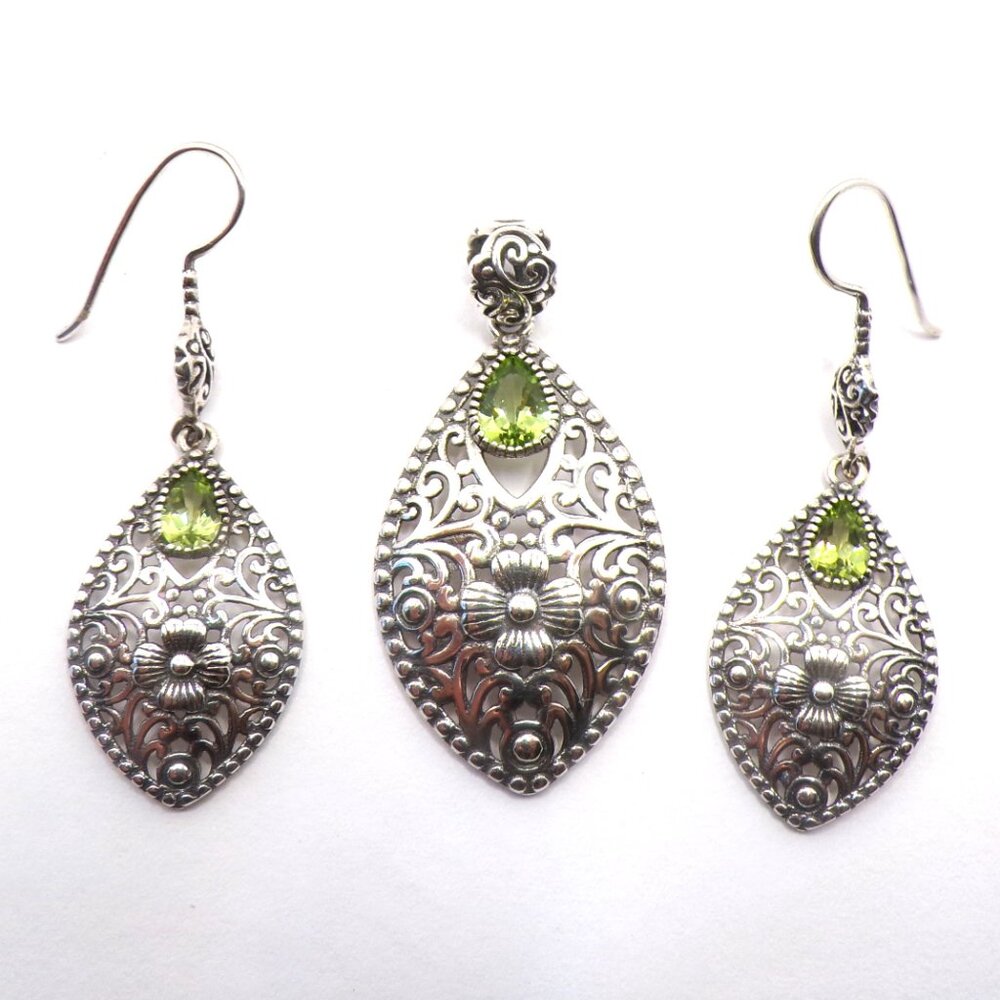 Beria 925 Sterling Silver Peridot Earrings and Pendant Set, Ornate Earrings and